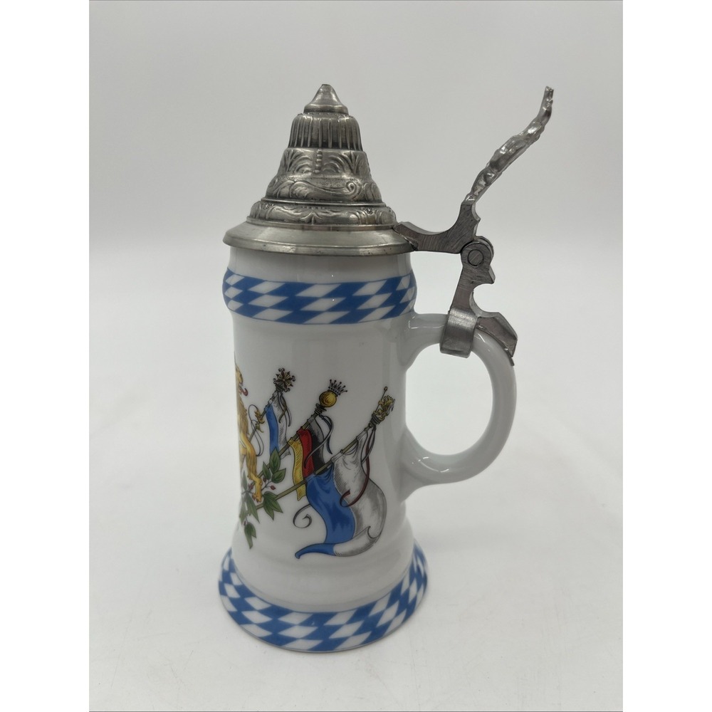 Vintage Kuhr Muhlried German Porcelain Beer Stein Pewter Lid Bavarian Lion Blue
